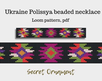 Wzór koralikowy, inspirowany regionem Polesia na Ukrainie, na koraliki Preciosa 10/0, wzór krosna pdf na szeroki choker, naszyjnik