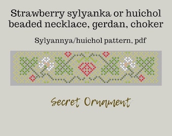 Wzór kwiatów truskawki na naszyjnik sylyanka lub huichol z koralików Preciosa 10/0