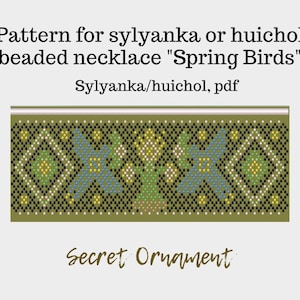 May include: A beaded necklace pattern featuring a green, blue, and yellow floral design with the text "Spring Birds" and "Sylyanka/huichol, pdf".