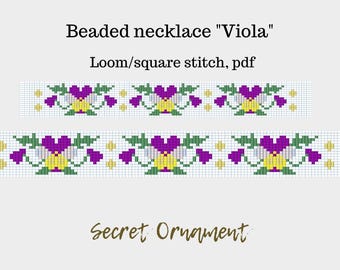 Wzór na naszyjnik z koralików „Viola Flower”, ścieg krzyżykowy lub kwadratowy (PDF)