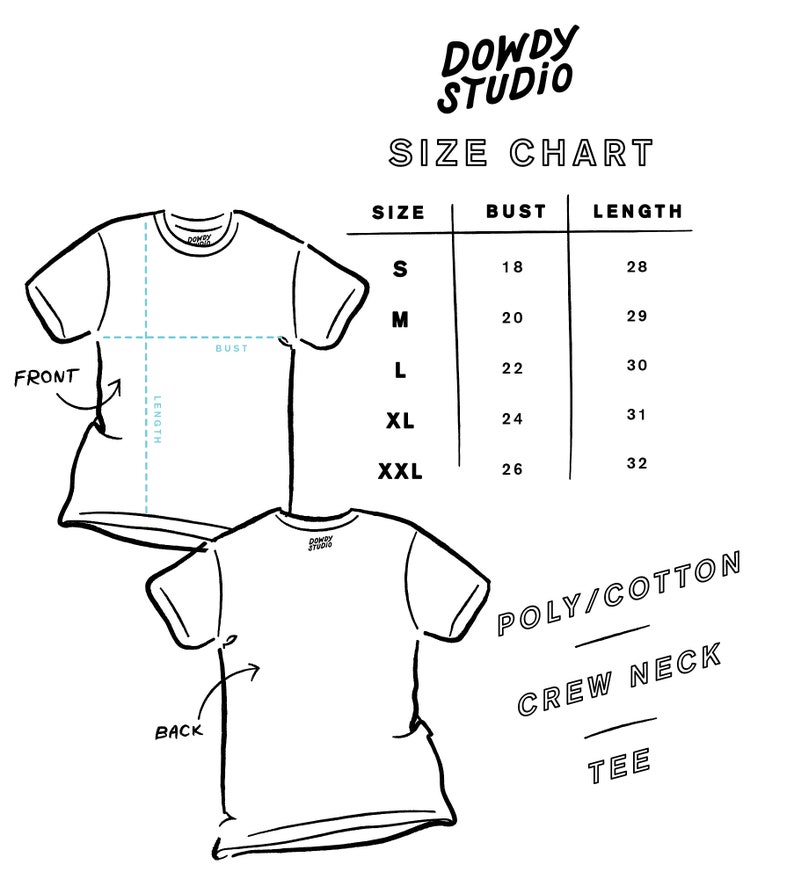 Op de afbeelding: Een maattabel voor een crew neck t-shirt van poly/katoen. De tabel toont maten S tot en met XXL met de bijbehorende borst- en lengtemaat in inches.