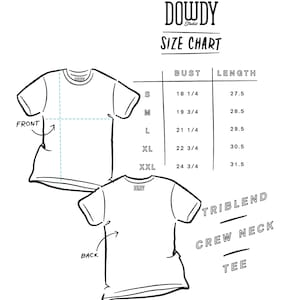 May include: A size chart for a triblend crew neck tee shirt. The chart shows bust and length measurements in inches for sizes S, M, L, XL, and XXL.