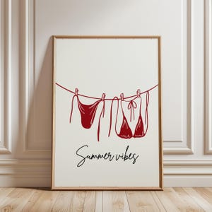 Red Bikini Digital Art Summer Vibes, Girl Laundry Art, Red Bikini on Clothesline Art, Beachy Wall Art Coastal, Aesthetic Poster Preppy Print