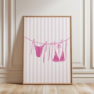 Pink Bikini Digital Art Summer Girl Preppy Laundry Art Green Bikini on Clothesline, Beachy Wall Art Coastal Aesthetic Poster Preppy Print