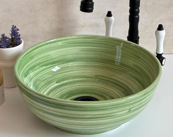 Oliwkowozielona ceramiczna umywalka – ręcznie wykonana umywalka nablatowa do łazienki