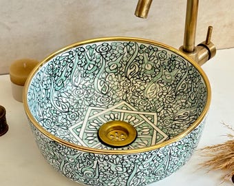 Ceramiczna umywalka Turquoise Nature z 12-karatowym złotym rantem