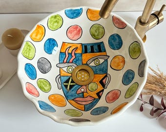 Ręcznie malowana ceramiczna umywalka nablatowa: nowoczesna umywalka łazienkowa w stylu abstrakcyjnym – z mosiężnym odpływem