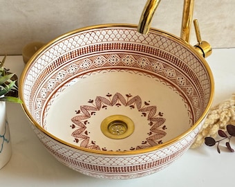 Umywalka łazienkowa nablatowa z 12-karatowym złotym rantem – brązowy wzór