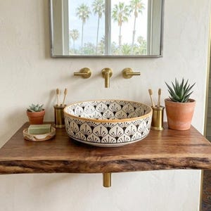 Fez Ceramic Vessel Sink, Orange Black Peacock Feather Basin, Handmade Bathroom Sink Bowl