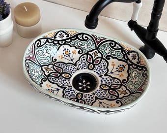 Ręcznie robiona owalna umywalka ceramiczna: umywalka nablatowa w stylu boho