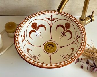 Ręcznie wykonana brązowo-biała ceramiczna umywalka nablatowa: nowoczesna umywalka w stylu abstrakcyjnym – z odpływem