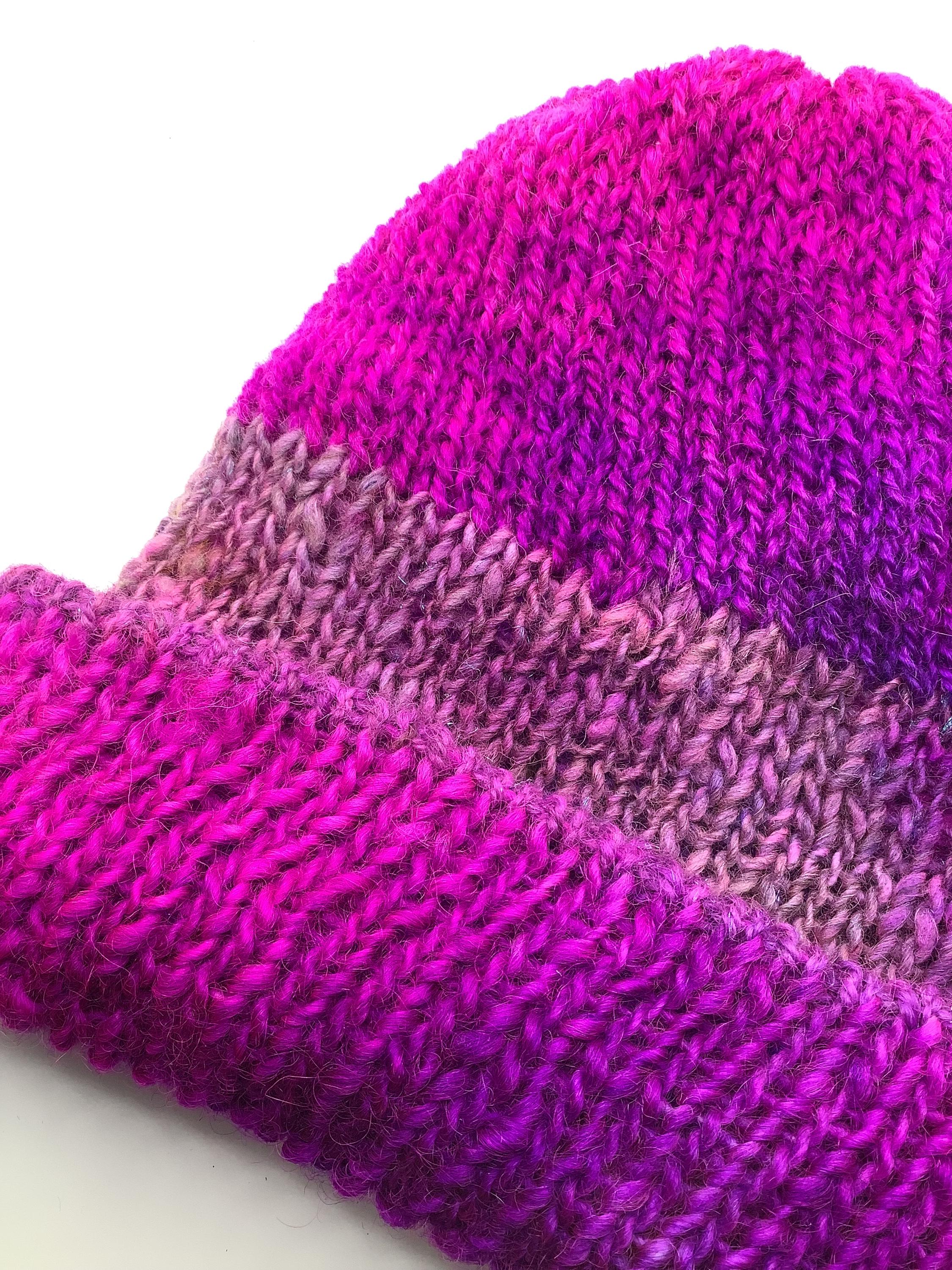 Handspun Handknit and Dyed Hot Pink Art Yarn Beanie Hat 