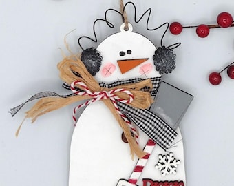 Hand Painted Primitive Wooden 3D Snowman with Earmuffs Ornament Layered