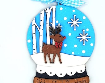 Personalized Baby's First Christmas Ornament | Deer Snowglobe | 3D Wood Personalized