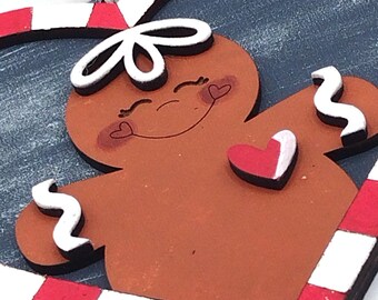 Hand Painted Gingerbread Heart Shaped Wooden Candy Cane Ornament- 3D Layers-Ships Fast-Clearance