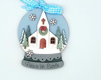 Handpainted Christmas Church Snow Globe Ornament | Personalized Wood Holiday Decor