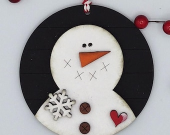 Hand Painted Primitive Snowman Wooden 3D Layer Christmas Ornaments- Round