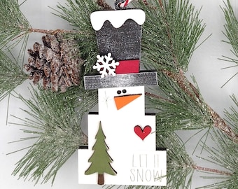 Hand Painted Primitive Snowman Wooden 3D Layer Christmas Ornaments- Let it Snow