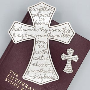 Lord’s Prayer Cross – Hanging or Pocket Keepsake | White Laser Engraved Christian Gift | Our Father Prayer | Baptism or Daily Devotion
