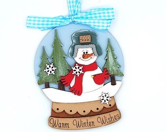 Winter Snowman Snowglobe Christmas Ornament | Custom Name Ornament | 3D Wood