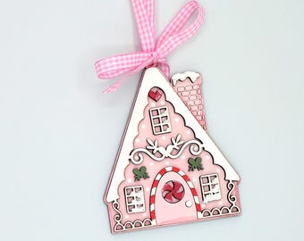 Pastel Pink Gingerbread House Christmas Ornament