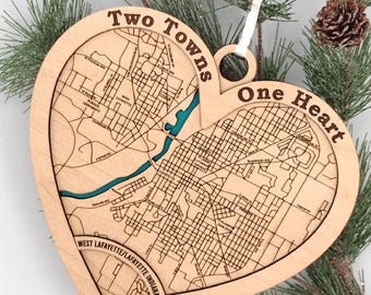 Indiana Map Ornament: Lafayette & West Lafayette Linear Keepsake 3D Layered Wooden