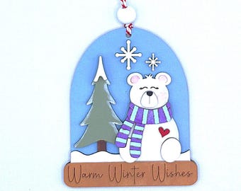 Polar Bear with Scarf and Heart | Winter Scene with Trees Ornament- Ships Fast-Clearance