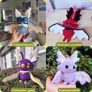 May include: Four handmade crochet moth plushies in various colors: blue with goggles, red with black accents, purple with yellow details, and lavender with a crescent moon necklace. Each plush has large wings and is displayed in different settings.