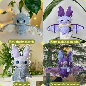 May include: Four crocheted bat plushies in various colors, including blue, purple, and gray. Each bat has large wings and is displayed with plants in the background. The image includes the Instagram handles @crochetbycharrie, @huggablehandmades, @bunnyetoo, and @shamandelia.crochet.