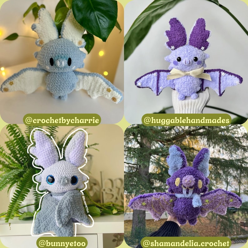 May include: Four crocheted bat plushies in various colors, including blue, purple, and gray. Each bat has large wings and is displayed with plants in the background. The image includes the Instagram handles @crochetbycharrie, @huggablehandmades, @bunnyetoo, and @shamandelia.crochet.