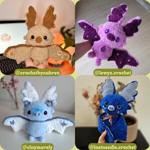 May include: Four crocheted bat plushies in various colors: tan, purple, light blue, and dark blue. Each bat has large wings and a cute face. The tan bat has brown wings, the purple bat has star accents, the light blue bat has white wings, and the dark blue bat has gray wings.
