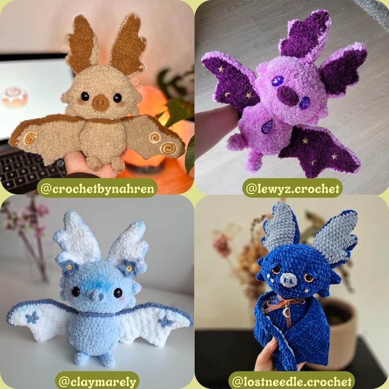 May include: Four crocheted bat plushies in various colors: tan, purple, light blue, and dark blue. Each bat has large wings and a cute face. The tan bat has brown wings, the purple bat has star accents, the light blue bat has white wings, and the dark blue bat has gray wings.