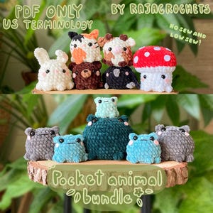 May include: A collection of handmade crochet pocket animals, including a white bunny, a mushroom with a red cap, and various other creatures. The text "PDF ONLY US TERMINOLOGY" and "Pocket animal bundle" are visible.