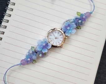 Handmade Floral Resin Bracelet Watch: Boho Beaded Wristwatch and adjustable cord