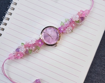 Handmade Pink Floral Beaded Watch – Rose Quartz Style – Adjustable Cord Bracelet