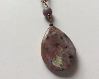 Multi strand copper and gemstone necklace. Peruvian opals, lepidolite pendant, copper chains.