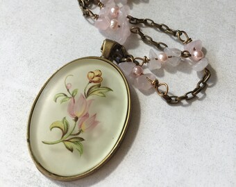 Handpainted floral cameo necklace with rose quartz chips and pink pearls