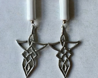 Pewter Celtic arrow dangle earrings with white Kazuri beads