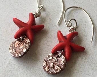 Fine silver disc earrings with red howlite starfish charms,Cinnabar patina fine silver earrings