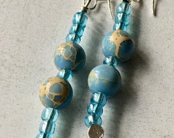 Carolina blue sea sediment jasper earrings with baby blue glass beads