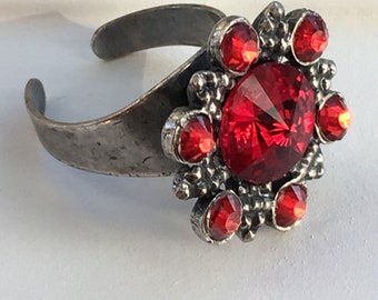 Red,sparkling, crystal, adjustable, rustic, boho statement ring