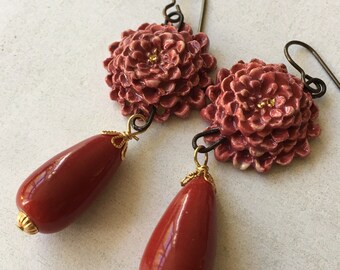 Red dahlia ceramic dangle earrings