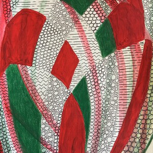 Original Zeichnung, abstrakte Kunst, Lotus, Rot, Grün, Schwarz, Tusche und Farbe