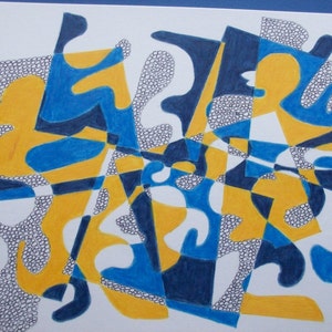 May include: Abstract art print featuring a colorful design with blue, yellow, and white shapes. The background is white with a pattern of small black circles.