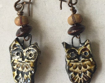 Little wise owl ceramic drop earrings