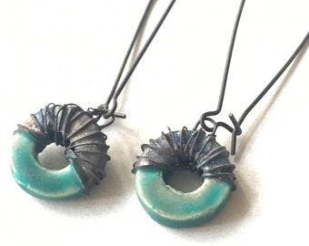 Turquoise glazed wire wrapped ceramic hoop earrings