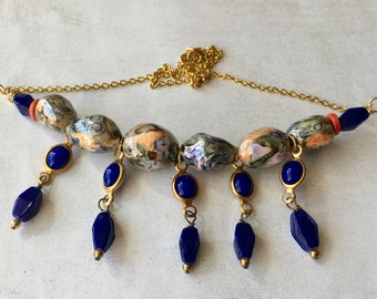 Glazed stoneware with vintage lapis glass and cobalt blue diamond shaped beaded necklace choker