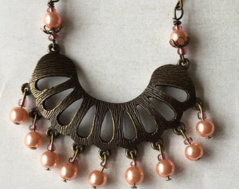 Soft peach pearl pendant necklace,Antiqued brass and pearl necklace