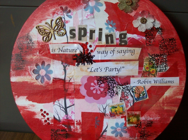 Mixed media collage.Circular collage.Sprigtime collage. Wall art. image 1