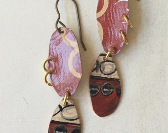 Copper art handpainted abstract vintage tin dangle earrings